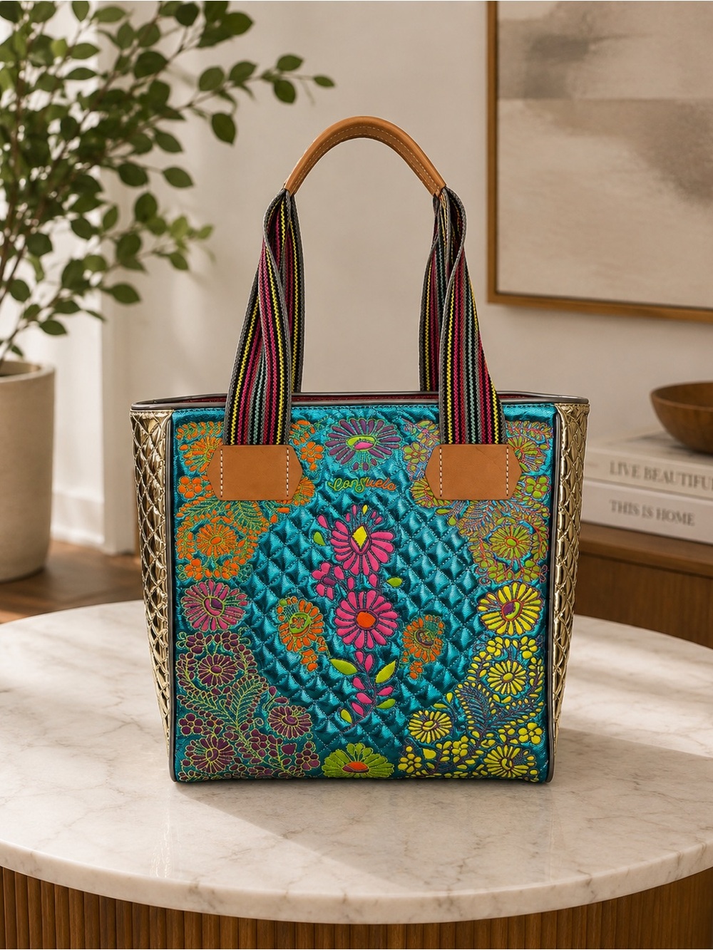 Consuela Teal Multicolor Quilted Floral Tote